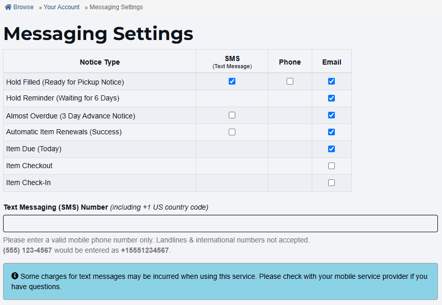Example cardholder SMS messaging settings